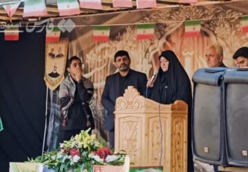 رجزخوانی خواهر شهید حاج محسن حاجی‌زاده در مراسم تشییع پیکر شهید در آران و بیدگل